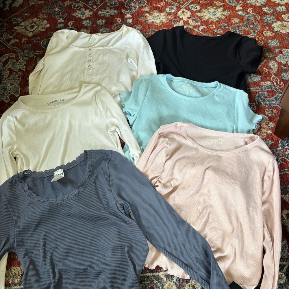 pack of SO Cream,white,pink,dark blue,light blue,and Black Long Sleeve Tees.